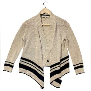 LOFT Open Front Knit Cardigan Beige Black Stripe Linen Blend XS